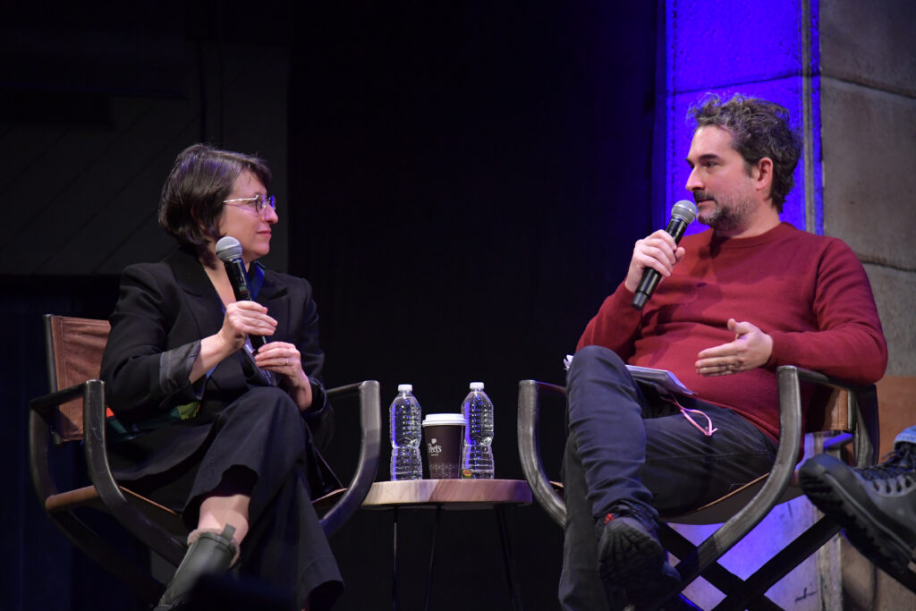 Eliza Hittman sits on stage next to Jay Duplass at the Egyptian Theatre.
